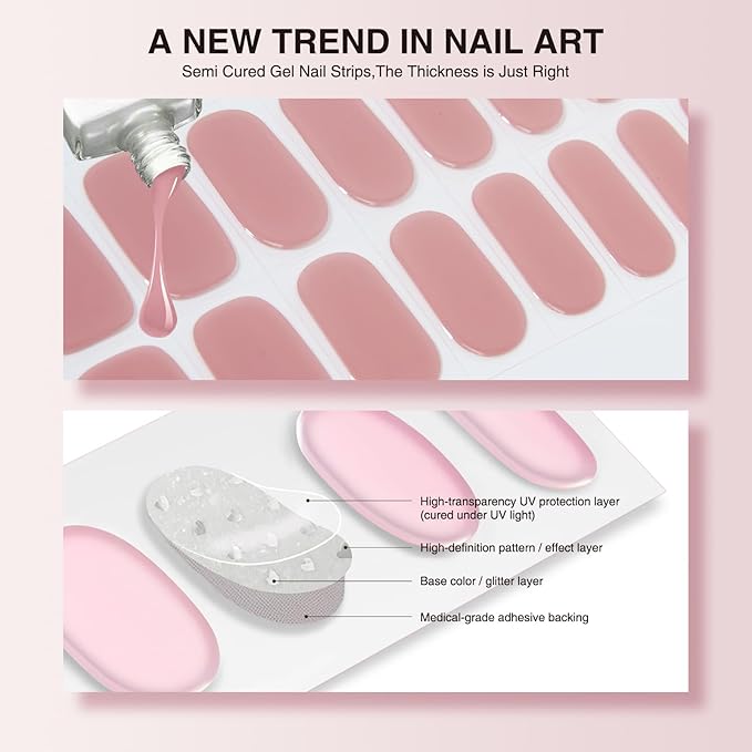 Semi Cured Gel Nail Strips, 20 PCS Gel Nail Stickers Work with UV Light, Salon Quality & Easy to Use - Coral Delight