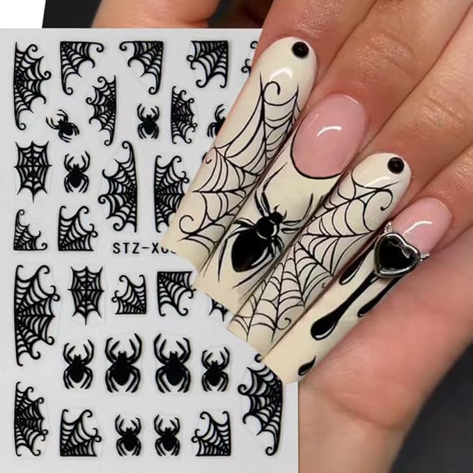 6Pcs Halloween Nail Stickers Spider Web Nail Decals DIY Self Adhesive Cobweb Nail Design Halloween Nail Decoration Supplies Holiday Manicure Accessories for Women