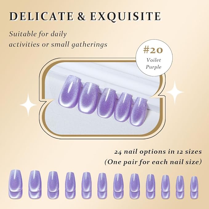 evpct Violet Purple Cat Eye Coffin Press on Nails Square Medium, Medium Square Glue on Nail for Women Gift, Purple Metallic Glitter Glossy Reusable Soft Gel Press on Acrylic Fake Nail with Designs