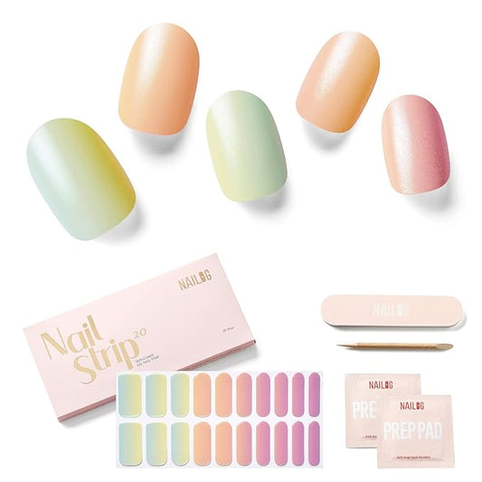 NAILOG Semi Cured Gel Nail Strips 20 Pcs | Buy 2 Get 1 UV Lamp | Extra Long Nail Wraps with Glossy Finishing | Dazzling Rainbow