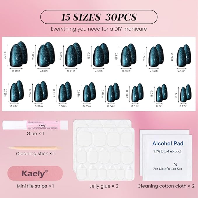 evpct Dark Blue Press on Nails Almond Short, Sapphire Royal Blue Cat Eye Glitter Press on Nails for Women Gift, Soft Gel Press Glue On Nail with Nail Glue, 60Pcs Reusable Acrylic Fake Nails Kit