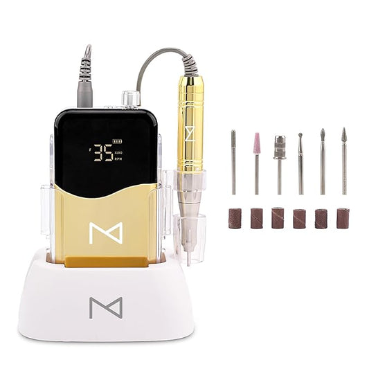 M Mase- Professional Nail Drill Machine - Coreless 2-in-1 Nail File - Electric, Cordless, 35000 RPM, HD Display - Electric Nail Drill for Professional & Home Use (Gold)