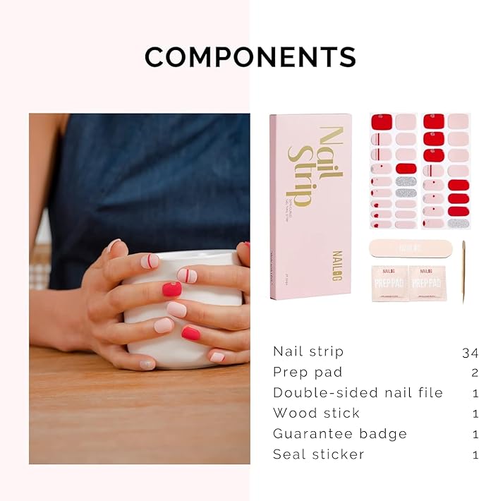 NAILOG Valentines Semi Cured Gel Nail Strips 34 pcs, Buy 2 Get 1 UV Lamp, Salon-Quality Gel Nail Stickers, Valentines Day Gel Nail Wraps with Soft Gel Finish | Love Note