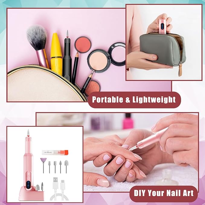 Pinkiou Electric Nail Drill, Cordless Electric Nail File ,Manicure Pedicure Kit for Acrylic,Gel Nails,Rechargeable Nail Drill,Professional Nail Grinder for Home Salon Use（Pink）