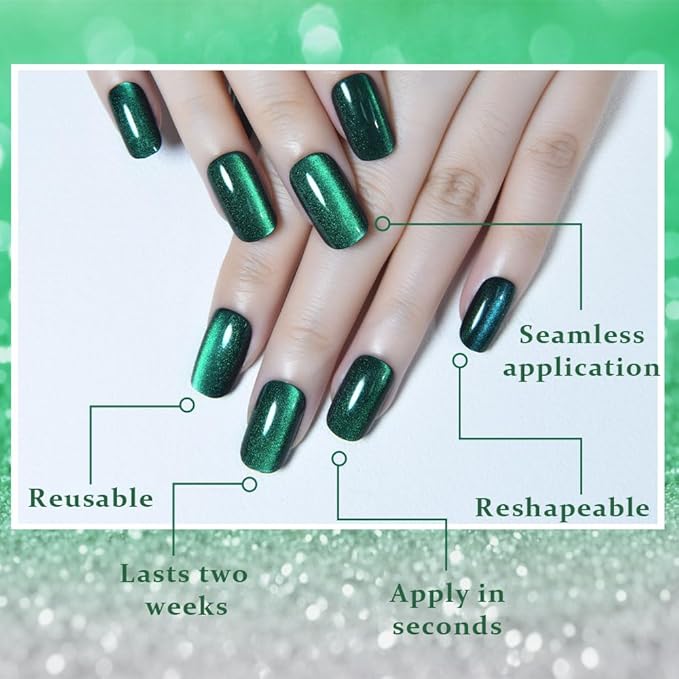 Green Cat Eye Press on Nails Medium Square, Medium Square Press Glue on Nails Chrome for Women Gift, Green Holographic Glitter Glossy Reusable Soft Gel Acrylic Fake Nail with Designs Cateye Effect