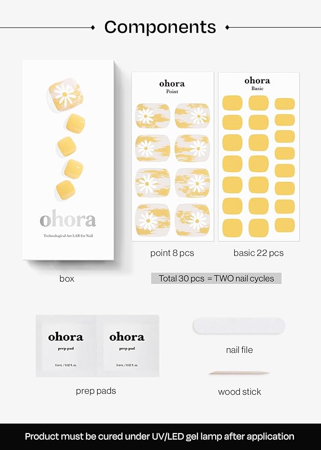 ohora Semi Cured Gel Pedi Strips (P Sun Daisy) - Yellow, Patterned, Works with UV/LED Lamps, Salon-Quality, Long Lasting, Easy to Apply & Remove - Includes 2 Prep Pads, Nail File & Wooden Stick