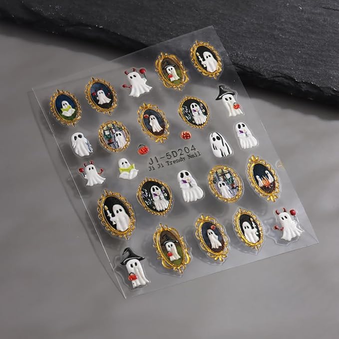 Halloween Nail Art Stickers, Retro Golden Frame Nail Decals 5d Embossed with Ghost Insect Spider Ladybug Butterfly Design 3Pcs Halloween Nail Art Supplies for Women Nail Decoration Nail Stickers