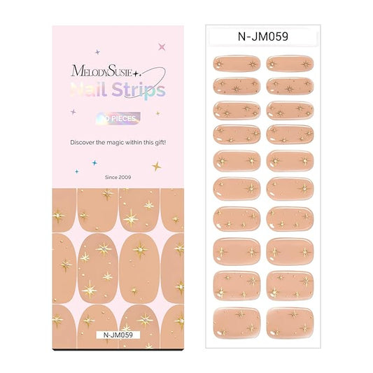 MelodySusie Semi Cured Gel Nail Strips (Nude Jelly Stars), Works with Nail Lamp, Salon Quality, Long Lasting, Easy to Apply and Remove, Includes 20Pcs, 2 Prep Pads, Nail File and Wooden Stick