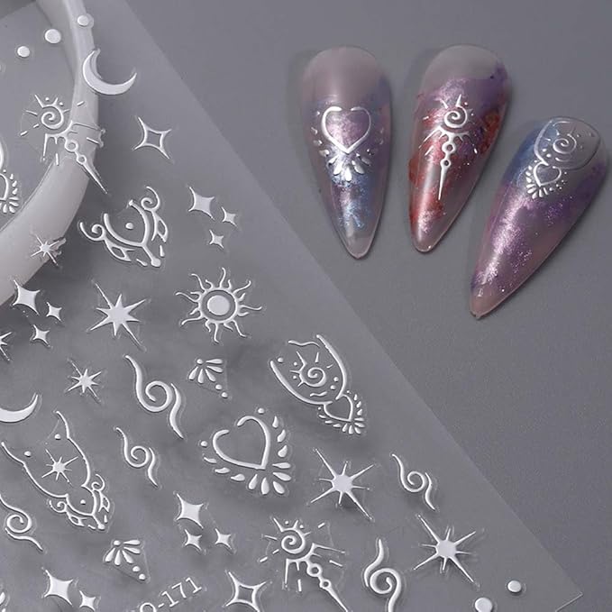 12 Sheets Metallic Nail Stickers Sun Star Nail Art Stickers 3D Self-Adhesive Shiny Laser Gold Silver Moon Rose Nail Decals Holographic Laser Glitter Nail Sticker for Women Nails Manicure Decorations