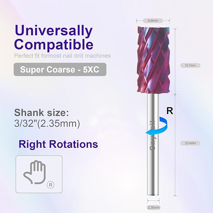 3/32" Large Barrel Bit Tungsten Carbide Nail Drill Bit Safety Bit for Gel & Acrylic Removal, Right Way Rotating Efile Tip, Salon Electric File Accessory (5XC Girt, Purple)