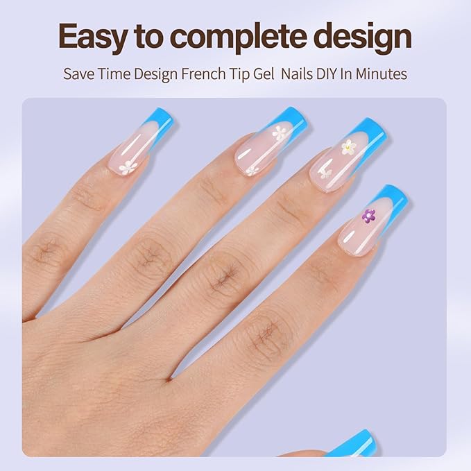 Misssix XBASICTIPS Blue French Tip Press On Nails, 150Pcs French Gel Nail Tips Long Square, Soft Gel Pre-shaped No Need to File 3 in 1 Tips, Fake Nails for Nail Art DIY Extension Designs 15 Sizes