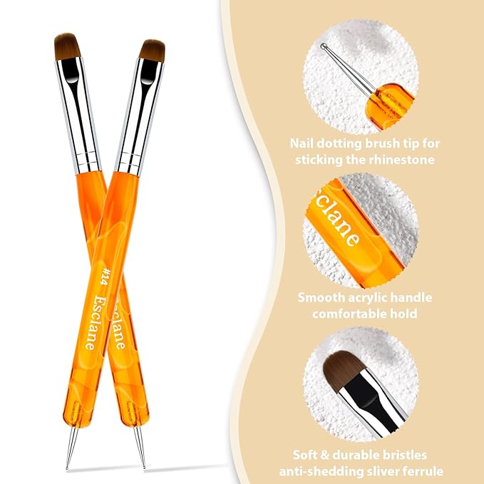 French Manicure Brush, Esclane 2 Way French Nail Brush with Dotting Tool for Manicure Cuticle Clean Up Nail Art Design, French Tip Brush (Orange, #12)