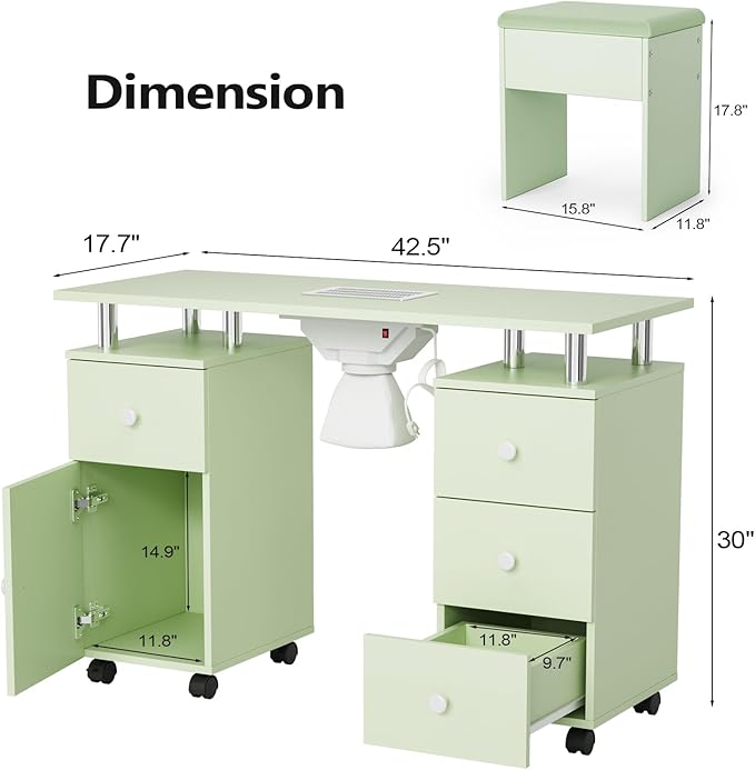 OmySalon Nail Desk and Chair Set, Manicure Table with Dust Collector, Arm Rest, 8 Wheels, Acetone Resistant Desktop, Drawers & Cabinet Storage for Makeup Beauty Salon (Mint Green)