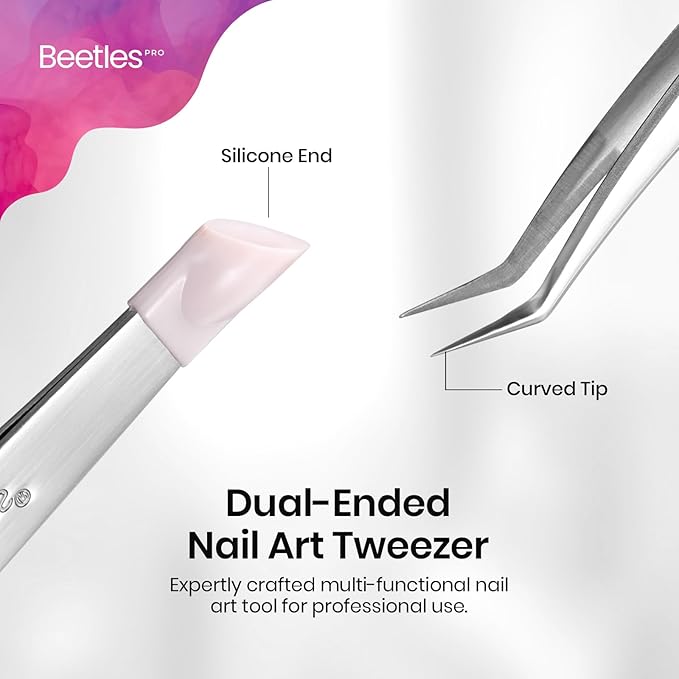 Beetles Professional Sticker Tweezers - Dual Ended Nail Art Tweezer, Curved Tip Pick Up Pearls Rhinestones, Silicone Tip Press Stickers Nail Art Tool Ultra Precision Stainless Steel Nippers