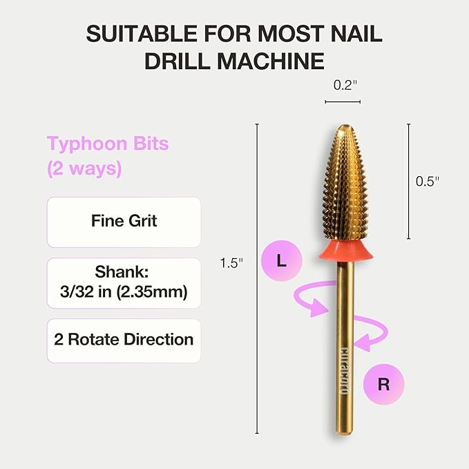 Curacoro Nail Drill Bits 3/32'' - Typhoon Bits, 2 Way, Carbide Bit (Fine) for Gently Removal of Gel Polish, Buffing to Smooth & Shiny Nails, Precise & Easy Control, Nail Art Salon & Home