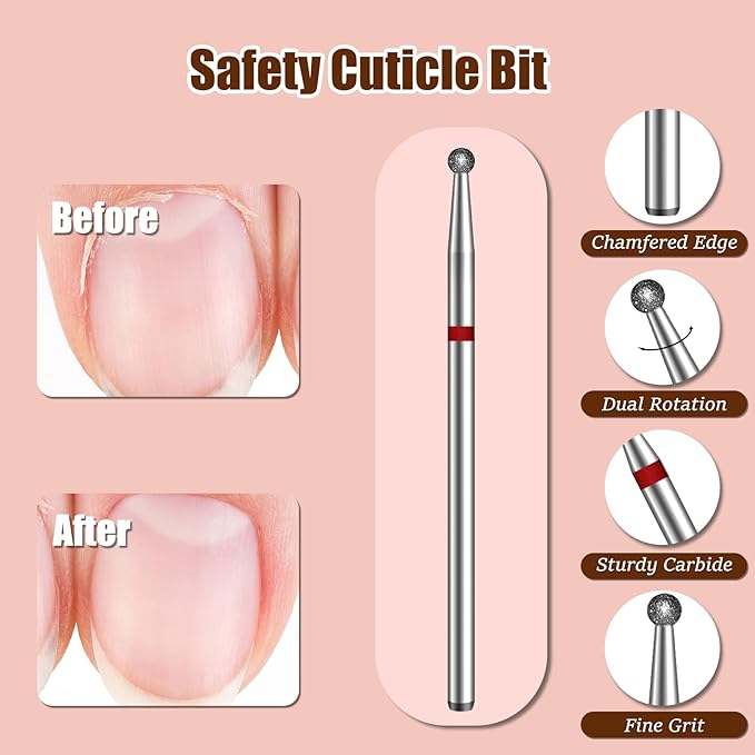 1.8mm Ball Shape Cuticle Clean Nail Drill Bit 3/32'', Professional Safety Carbide Diamond Under Nail Cleaner for Sidewall Dead Skin Cleaning Nail Prepare, Manicure Pedicure Shape Remove Tools, Fine