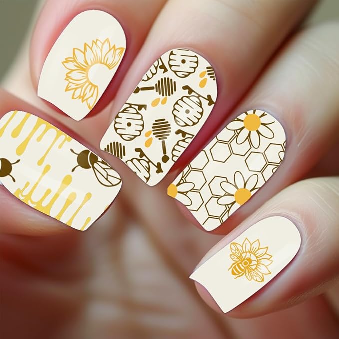 3Pcs Bee Nail Stamping Plate Flowers Honeycomb Nail Art Stamp Templates Stainless Steel Reusable Tools with Stamper Scraper for Manicure Printing