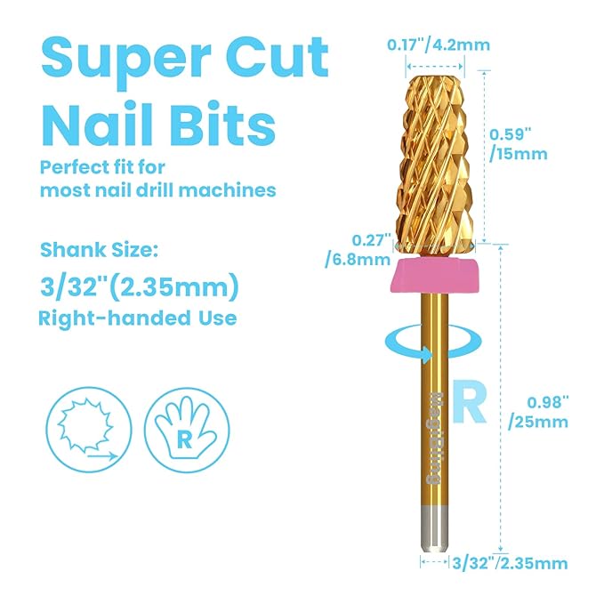 Super Cut Tapered Barrel Nail Drill Bits, 3/32'' Professional Tungsten Carbide Bits, Remove Hard Gel Fast, Right Hand, Suitable for Long Acrylic Nails Gel Polishing, Triple Coarse.