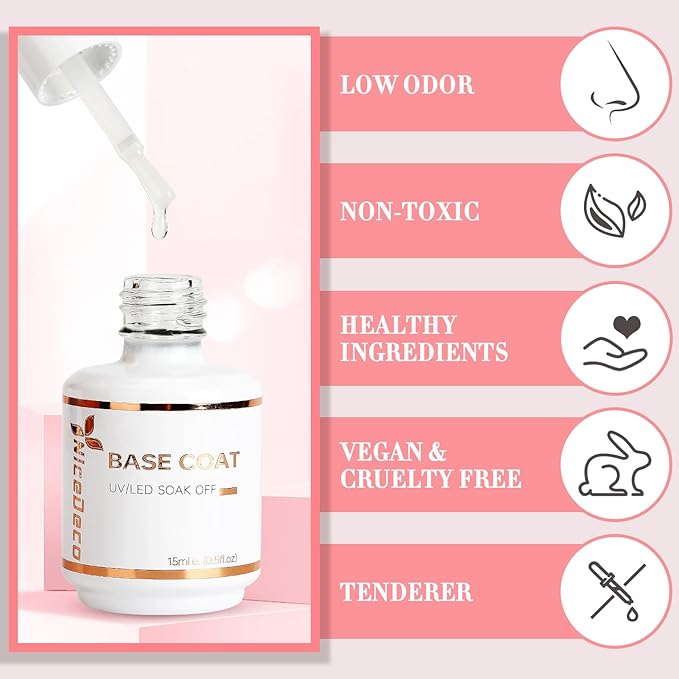 Nicedeco Gel Nail Polish Base Coat 15ml Soak Off Hema Free Long-Lasting DIY Home and Nail Salon