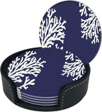 6 Pcs Coral Navy Blue Nautical Coastal Ocean Theme Marine Leather Coasters - Image 3