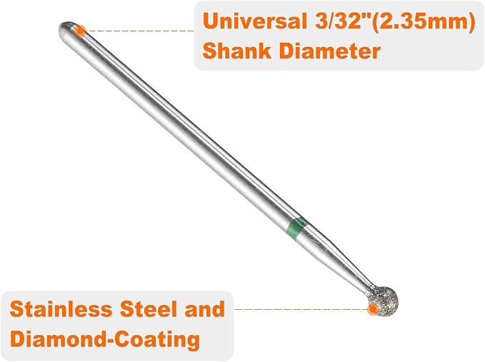 HARFINGTON 13pcs 100-120 Grits Diamond Grinding Bit 3mm Ball Head 2.35mm Shank 3mm Length Stone Sanding Drill Bits Rotary Tool for Ceramic Glass Nails Grinding Polishing