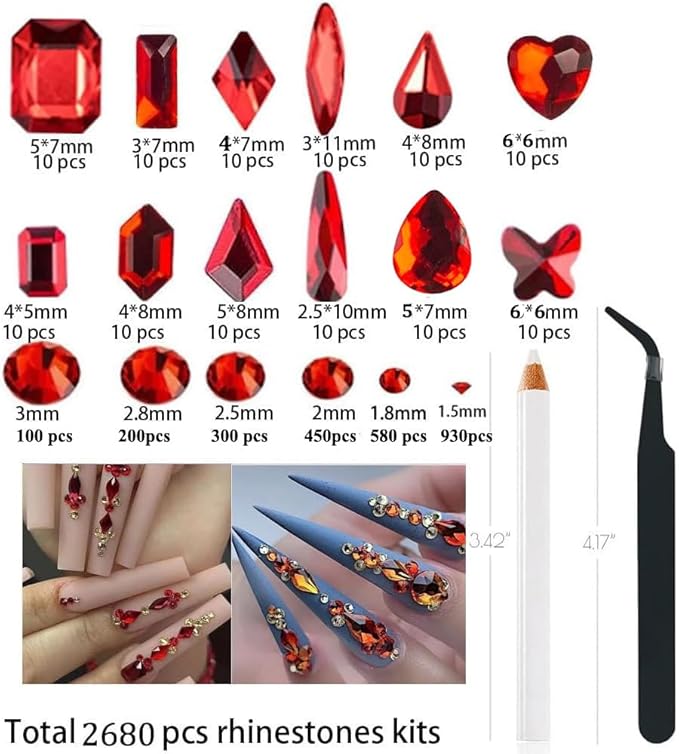 2680 Pcs 3D Red Nail Rhinestones, 120Pcs Big Red Glass Crystal Nail Gems Stones Charms Stones with Bling Diamond Flatback Round Beads, Clear Charm Jewelry for DIY Face Craft Decoration