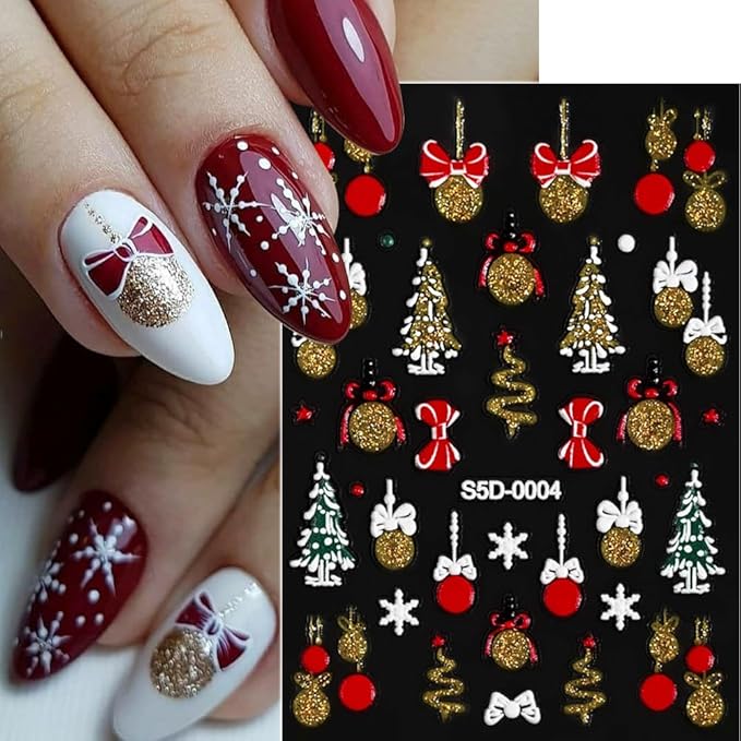 6Pcs Christmas Nail Stickers 5D Golden Silver Nail Decals DIY Self Adhesive Snowflake Tree Red Bow Design Nail Decoration Winter Nail Art Stickers Supplies Holiday Manicure Accessories for Women