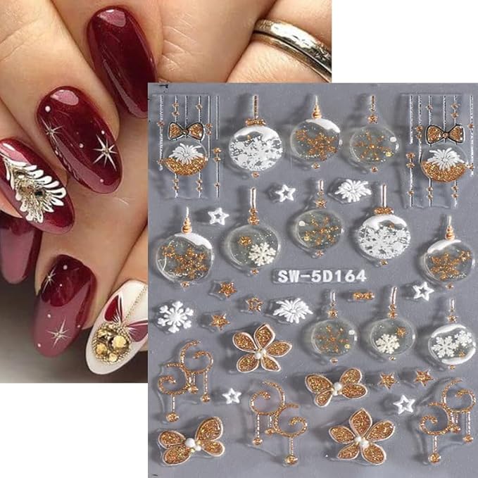 3 Sheets Christmas Nail Art Stickers 5D Embossed Christmas Snowflake Elk Self-Adhesive Gold Glitter Bowknot Nail Design Cute Bear Bell Snowman Women Nail Decoration