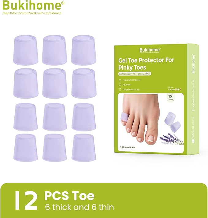 Bukihome Silicone Toe Protectors – Silicone Open Pinky Toe Sleeves for Hammer Toes, Corns, Calluses, Blisters – Soft Gel Protector Toe Cushions for Pain Relief - 12 Count, Lavender (6 Thick +6 Thin)