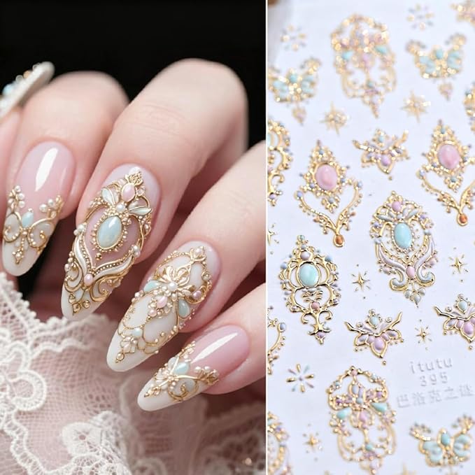 5D Embossed Gem Nail Sticker Luxury Gold Jewelry Nail Art Stickers Self Adhesive Nail Decals Pink Diamond Nail Art for Women Girls Manicure Supplies Nails Art Decorations