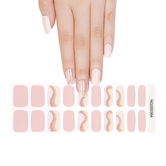20pcs Semi Cured Gel Nail Strips, Real Nail Polish Art Stickers, Starry River Pink Gel Nail Stickers - Work with Any UV Lamp, Long Lasting Full Wraps with Nails File and Stick