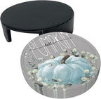6 Pcs Fall Blue Pumpkin Eucalyptus Leaves Grey Leather Coasters - Image 4