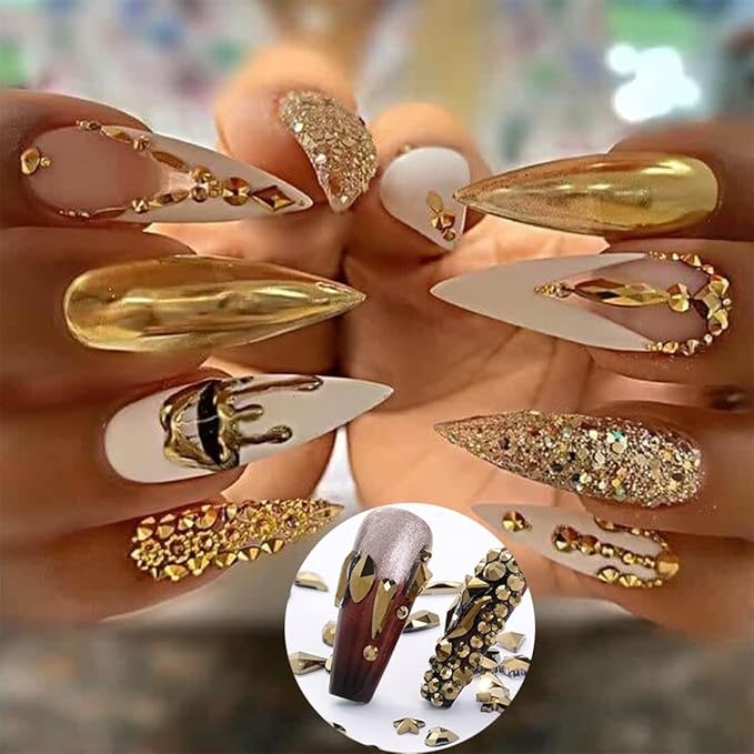 2550pcs Golden Nail Art Flatback Rhinestones for Face Makeup Metallic Golden Nail Gems Gemstones K9 Glass SS4~SS20 6 Sizes Mine Gold Diamonds Stones Crystals w Picking Pen for Nails DIY Crafts