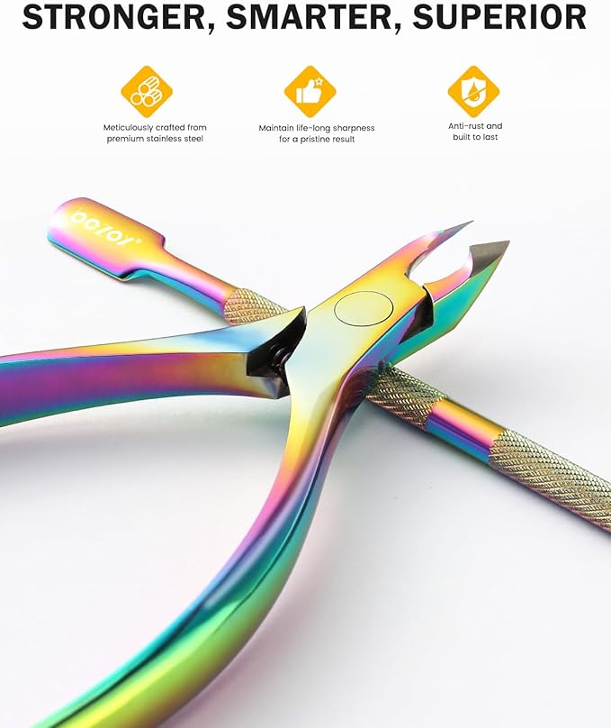 BEZOX Cuticle Trimmer with Pusher - Salon Quality Cuticle Clipper with Cuticle Pushers, Super Sharp Cuticle Cutters and Dual-End Nail Pushers Cuticle Stick, Professional Manicure Tools - Rainbow