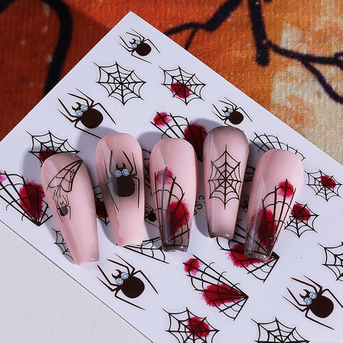 6 Sheets Halloween Nail Stickers 3D Self-Adhesive Scary Eyes Spider Ghost Nail Art Stickers Holiday Nail Decals Bloody Spiderweb Black Ghost Bats Nail Supplies for Women DIY Holiday Nail Decoration