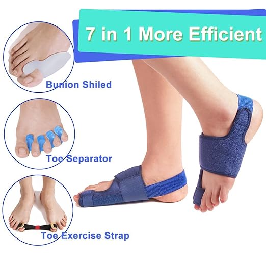 Toe Corrector Toe Separator Bunion Splint 【Updated Version】 Hallux Valgus Big Toes Corrector Set Bunion Brace Bunion Exercise Strap Orthopedic Kit Pain Relief (Blue, free)
