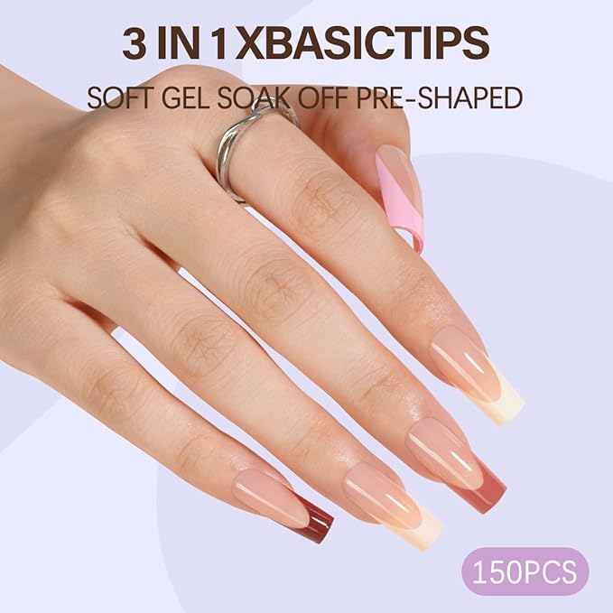 Misssix XBASICTIPS French Gel Nail Tips, 150Pcs Soft Gel French Tip Press on Nails Long Square, No Need to File False Nail, Soak Off Pre-Shaped Fake Nails for Nail Art DIY 15 Sizes