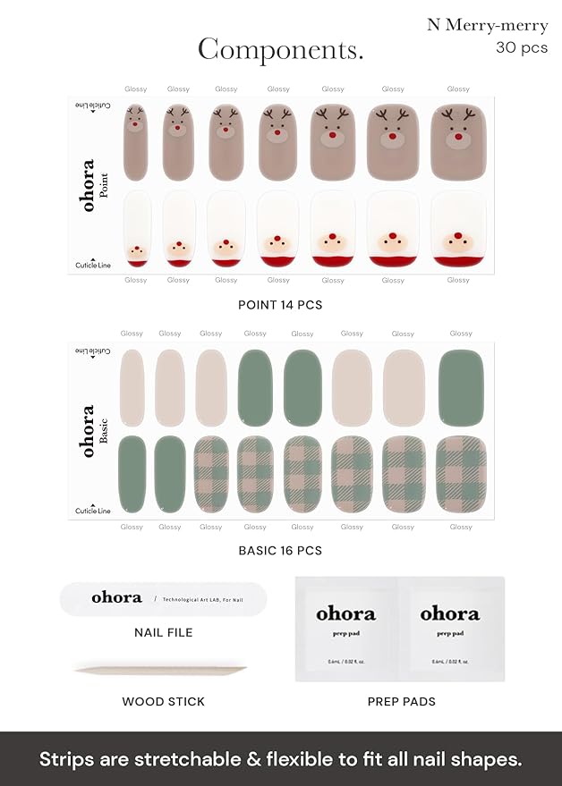 ohora Semi Cured Gel Nail Strips (N Merry-Merry) - Red/Green Works with Any UV/LED Lamps, Salon-Quality, Long Lasting, Easy to Apply & Remove - Includes 2 Prep Pads, Nail File & Wooden Stick