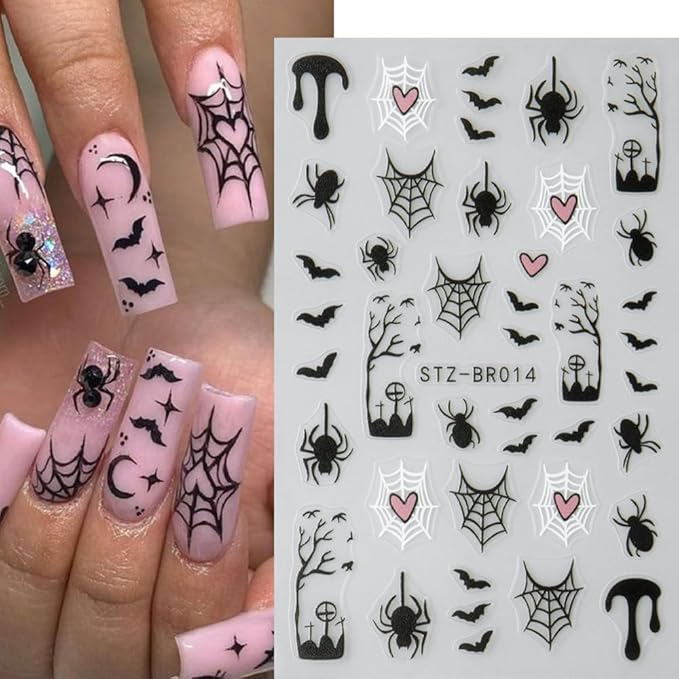 6Pcs Halloween Nail Stickers 3D Spider Web Nail Decals Ghost DIY Self Adhesive Spider Ghost Heart Nail Design Sticker Halloween Nail Decoration Supplies Holiday Manicure Accessories for Women Girls