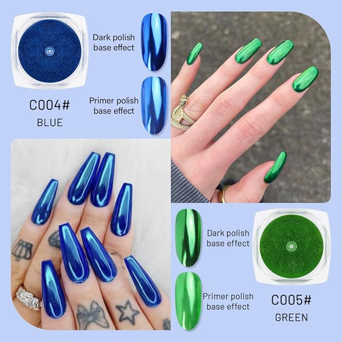 evpct 2Pcs Blue Green Metallic Mirror Effect Chrome Nail Powder Kit for Nails Polish Rainbow Holographic Iridescent Chameleon Neon Nail Pigment Mirror Chrome Nail Powder for Gel Nails Glitter