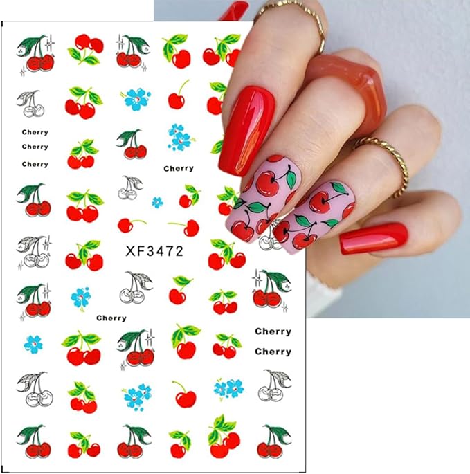 6Sheets Cherry Nail Art Stickers Decals Summer Fruit Nail Stickers 3D Self-Adhesive Strawberry Bow Nail Art Design Supplies Cute Fruits Rabbits Nail Decals for Women and Girls Acrylic Nails Decoration
