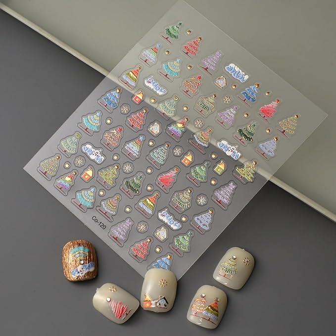 Christmas Nail Sticker 5D Embossed Christmas Tree Snowflake Nail Art Stickers Self Adhesive Nail Decals Colorful Christmas Tree Nail Art for Women Girls Winter Holiday Manicure DIY Nails Supplies