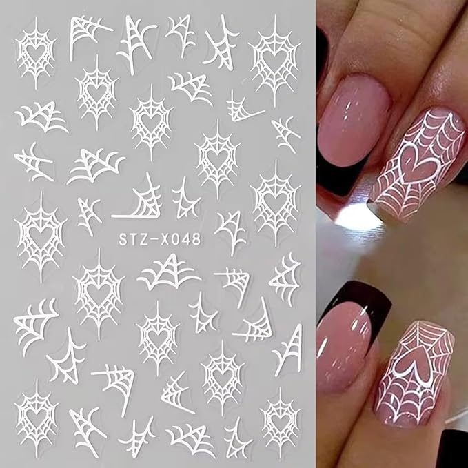 8Sheets Spider Web Nail Stickers, Halloween Decals for Nail Art - Black Stars, Moon, Flame Design - DIY Manicure Charms for Holiday Decoration Accessories