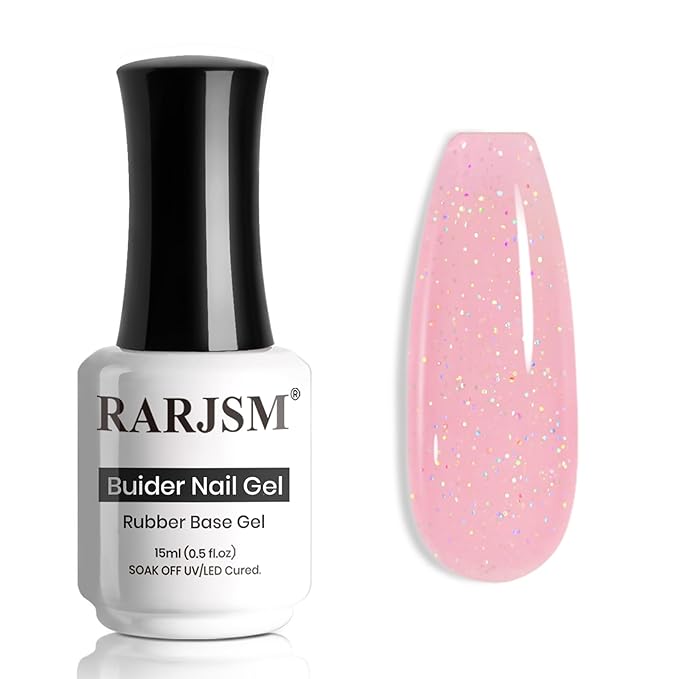 RARJSM Rainbow Glitter Rubber Base Gel Nail Polish Nude Light Pink Rubber Base Iridescent Shimmer Brush on Quick Extend Builder Hard Gel Soak Off Curing Requires 15ml Salon Home French Manicure