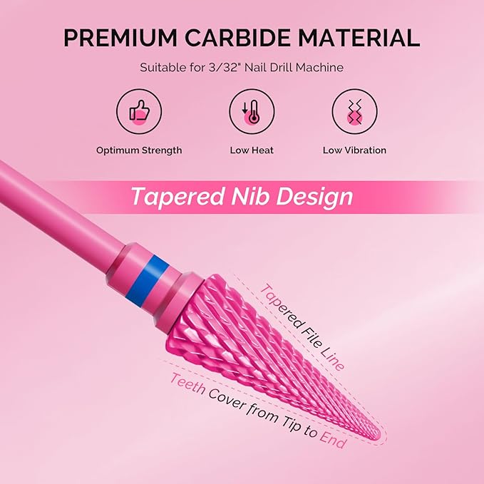 MelodySusie Professional Tapered Nib Nail Drill Bit, 3/32'' Carbide Tungsten Multi-function Bit, Suitable for Manicure Pedicure Cuticle Gel Polishing, Technicians Bit, Series Bit-M, Pink Blossom, M