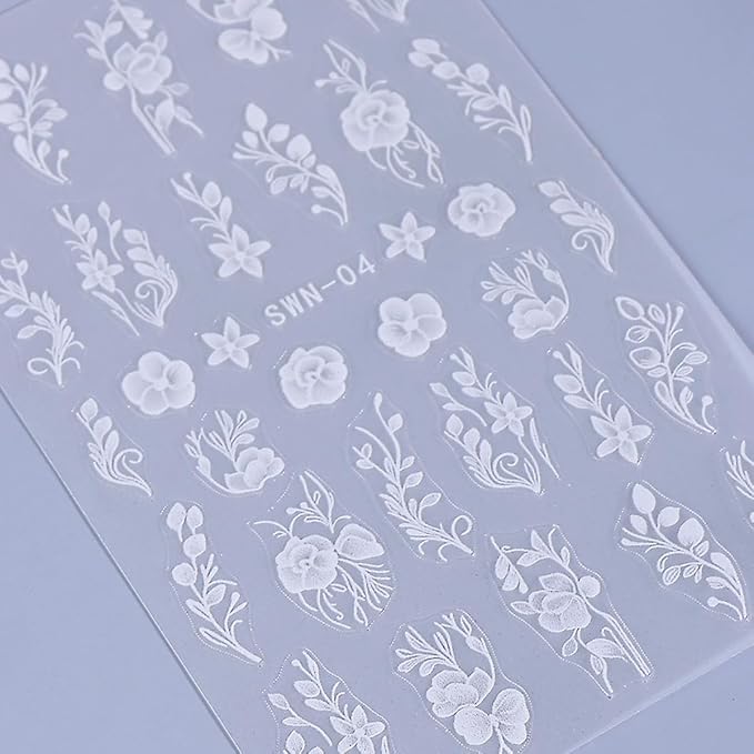 Flower Nail Art Stickers Decals 5D Embossed White Flowers Nail Decals 4PCS Floral Leaf Nails Design Adhesive Flower Stickers for Nails Manicure Accessories for Women Summer Fall Nail Art Decorations