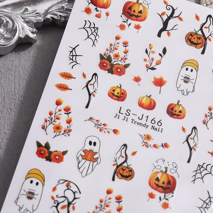Halloween Nail Art Stickers 3D Pumpkin Flower Ghost Nail Stickers 6PCS Skull Ghosts Virus Leaf Bat Halloween Nails Design Adhesive Decals Manicure Nail Art Accessories Sliders for Women DIY Nail Art