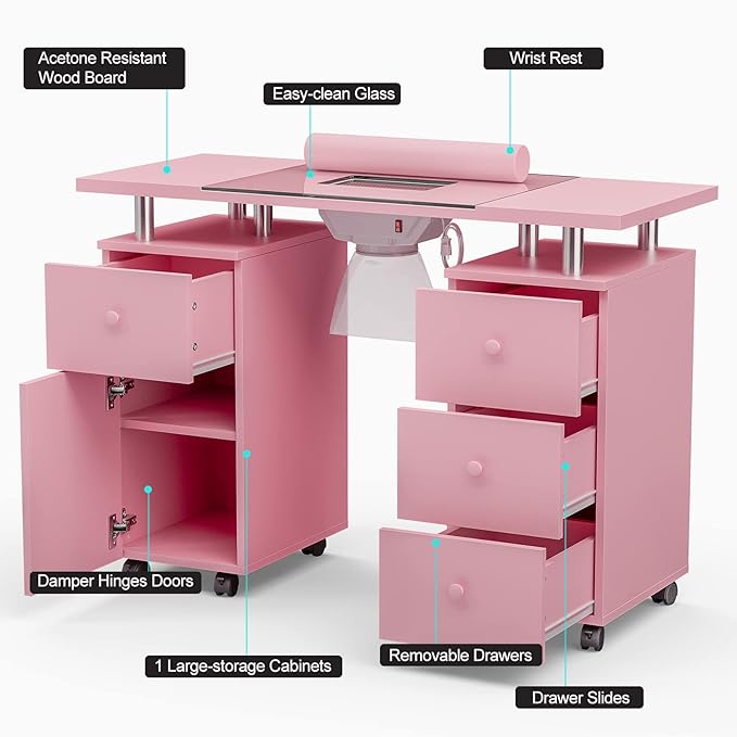 Paddie Manicure Table, Glass Top Nail Makeup Desk Nail Table Station for Nail Tech w/Electric Downdraft Vent, Wrist Cushion, Lockable Wheels, Storage Drawers, Wooden Handles（Pink）