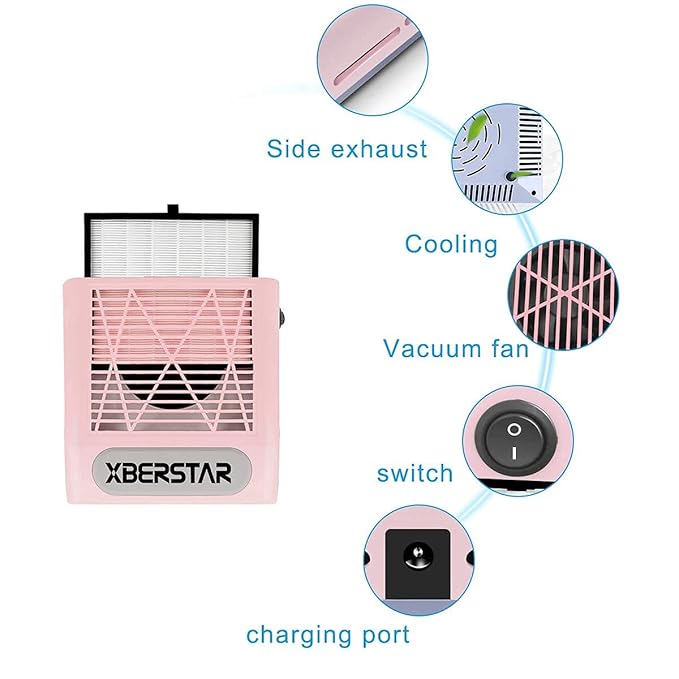 XBERSTAR 80W Nail Dust Collector for Acrylic Gel Nails,Manicure,Nail Jewelry,Calluses (Pink)