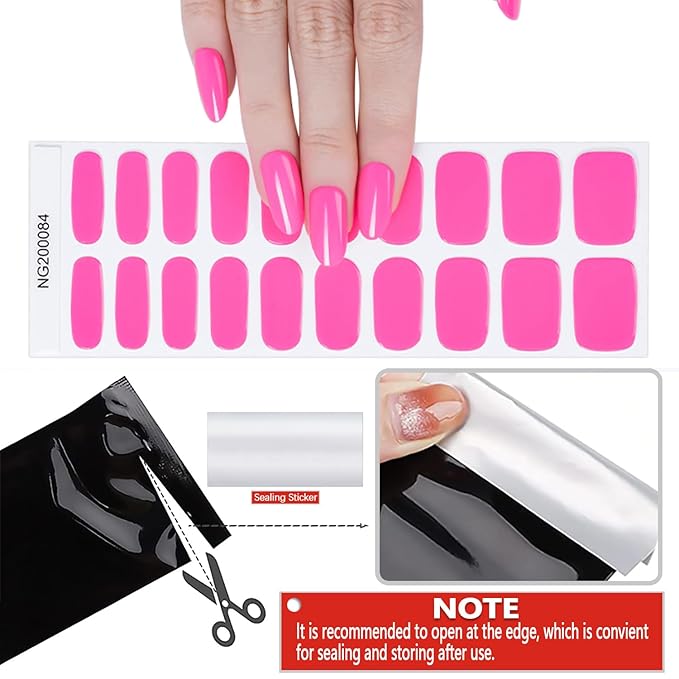 WOKOTO 20 Pcs Hotpink Semi Cured Gel Nail Strips With Nail File & Wooden Stick Nail Polish Strips Gel Nail Stickers Full Nail Wraps For Women Girls Stick On Real Nail Polish Stickers For Nails